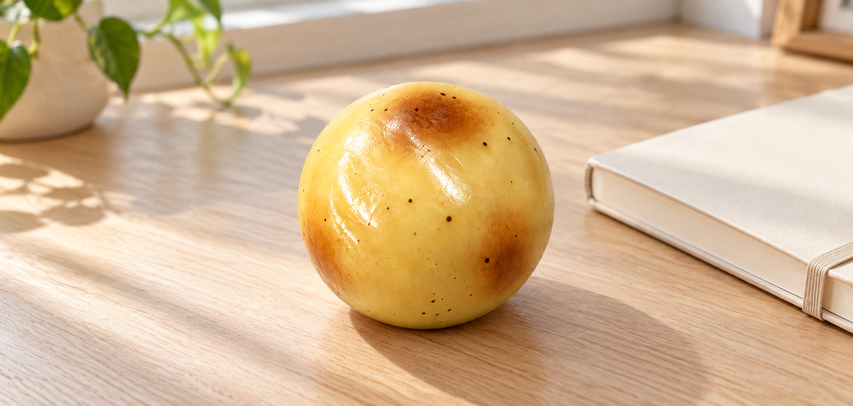 Golden baked potato squishy toy on a sunlit wooden desk beside a cream notebook.