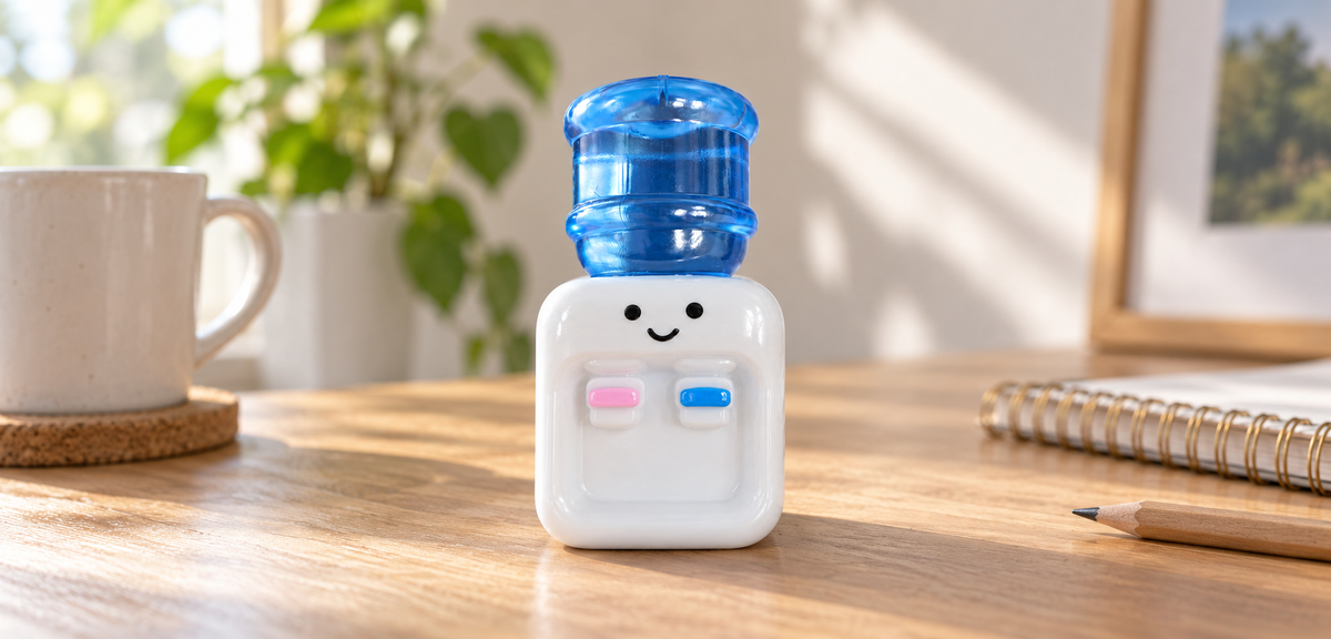 HeyJudee's blue-and-white mini water dispenser squishy toy on a sunlit wooden desk beside a notebook.