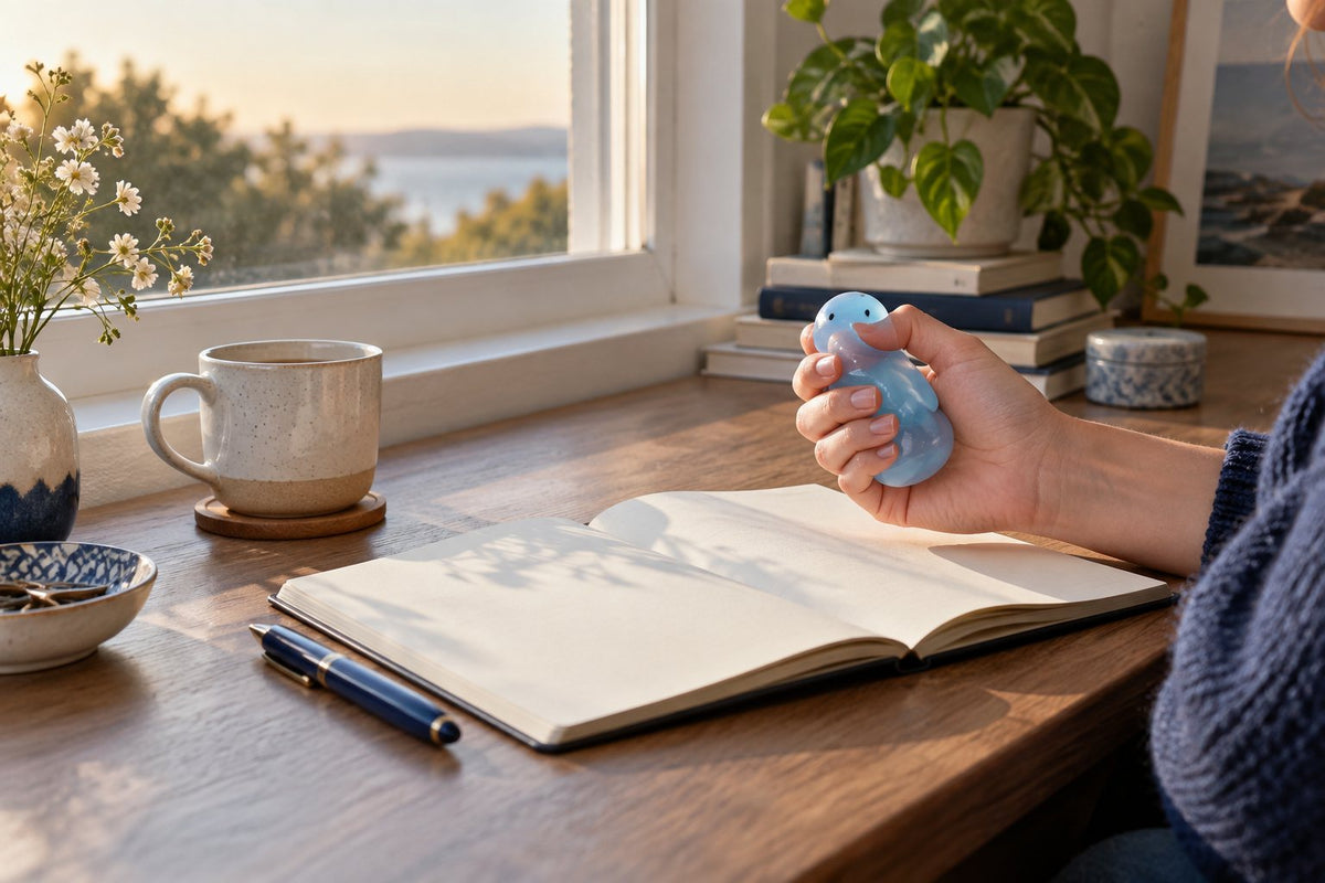 Editorial illustration of a hand holding a blue squishy beside an open notebook at a sunny desk