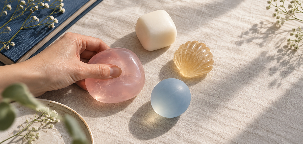 Editorial illustration of a hand comparing tactile squishy shapes on a sunlit linen tabletop