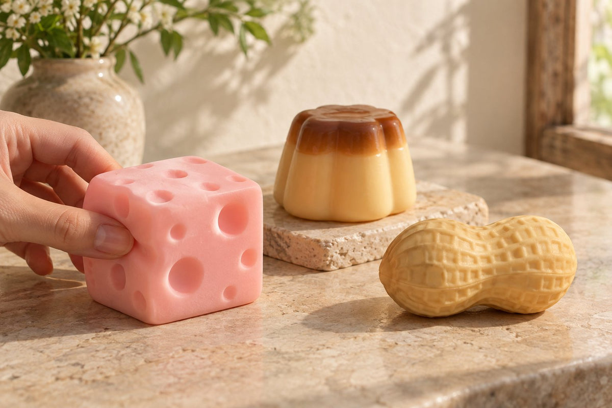 Editorial illustration of pink cheese, caramel pudding, and peanut-shaped squishies in warm sunlight