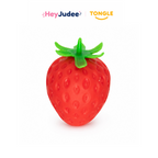Red strawberry-shaped crunchy squishy toy with green leafy top on white background