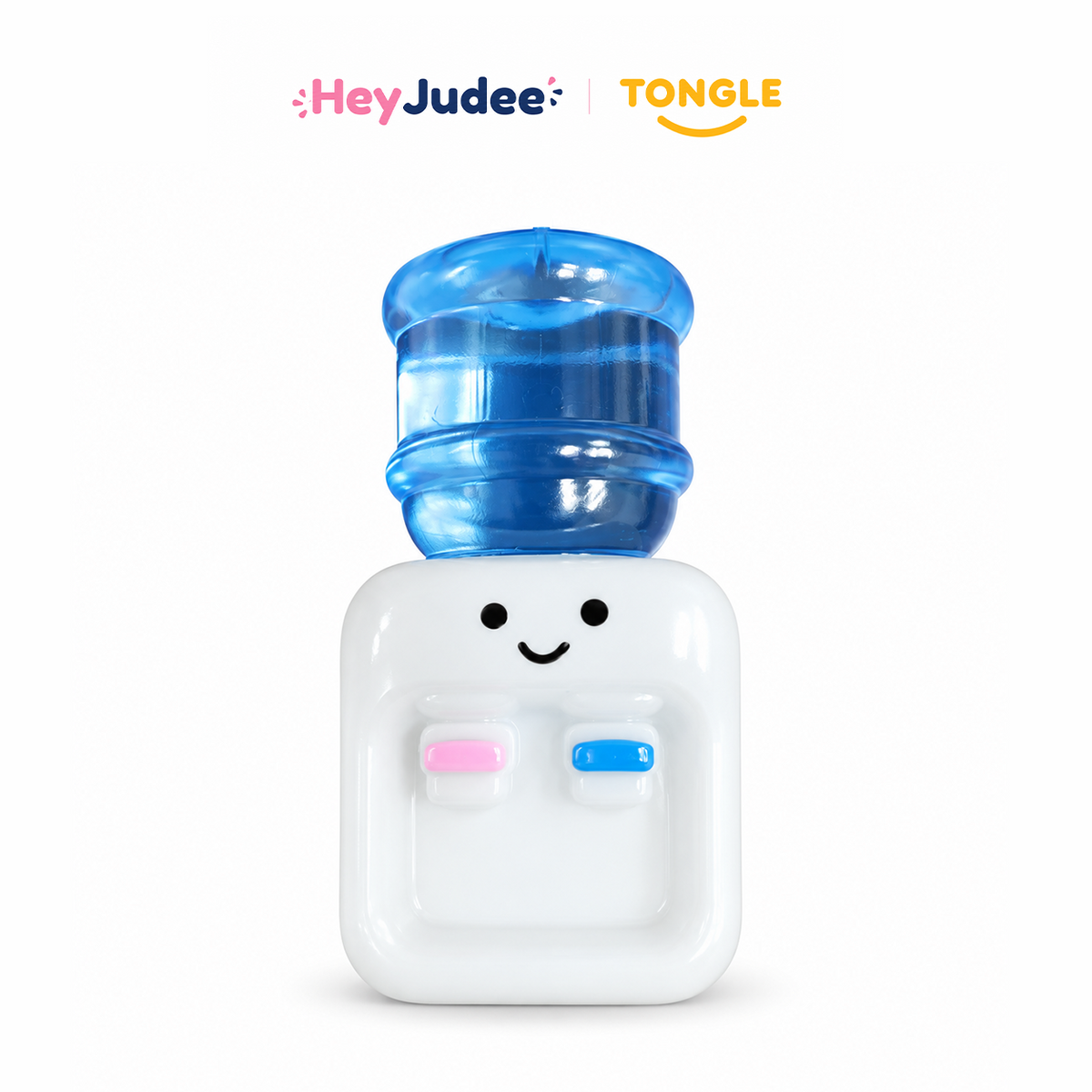 Blue and white mini water dispenser-shaped squishy toy with smiling face on white background