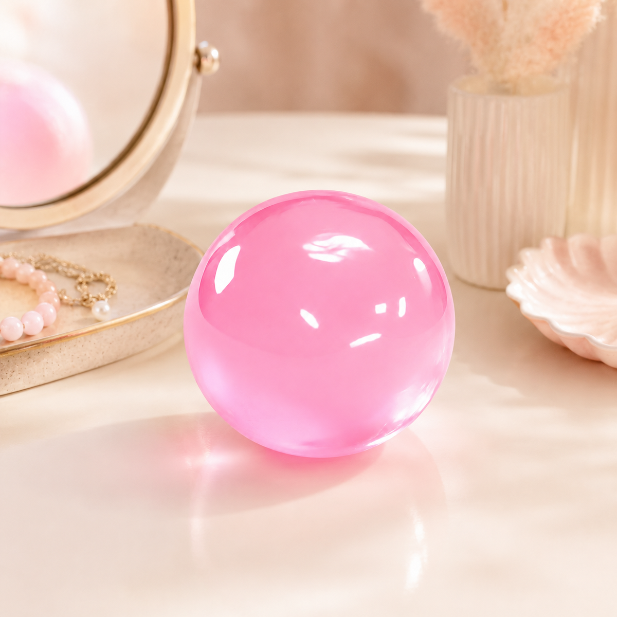 Pink squishy ball displayed on a vanity beside a mirror and seashells