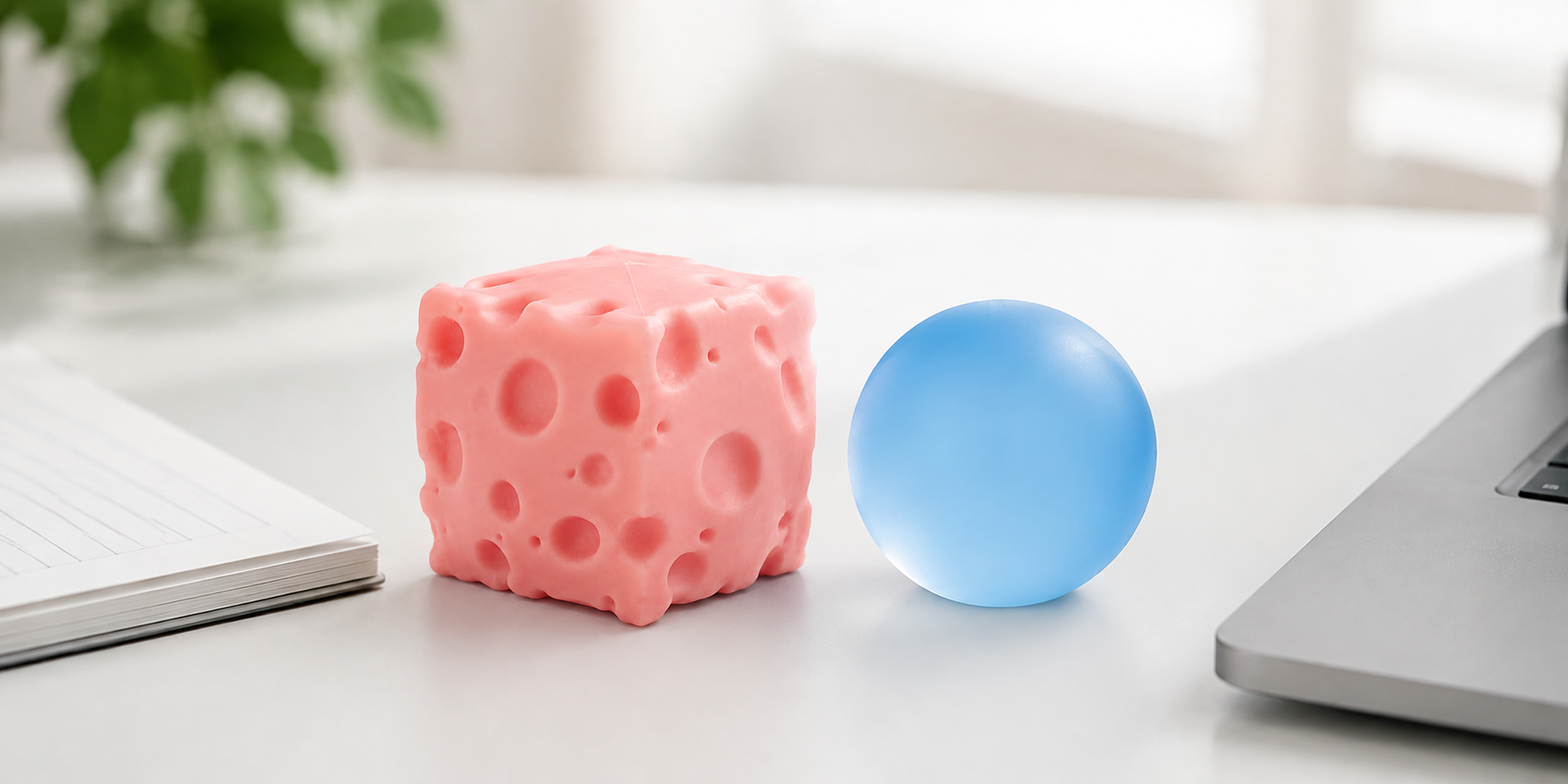 Pink cheese squishy and blue ball on a bright desk — AI-created lifestyle scene