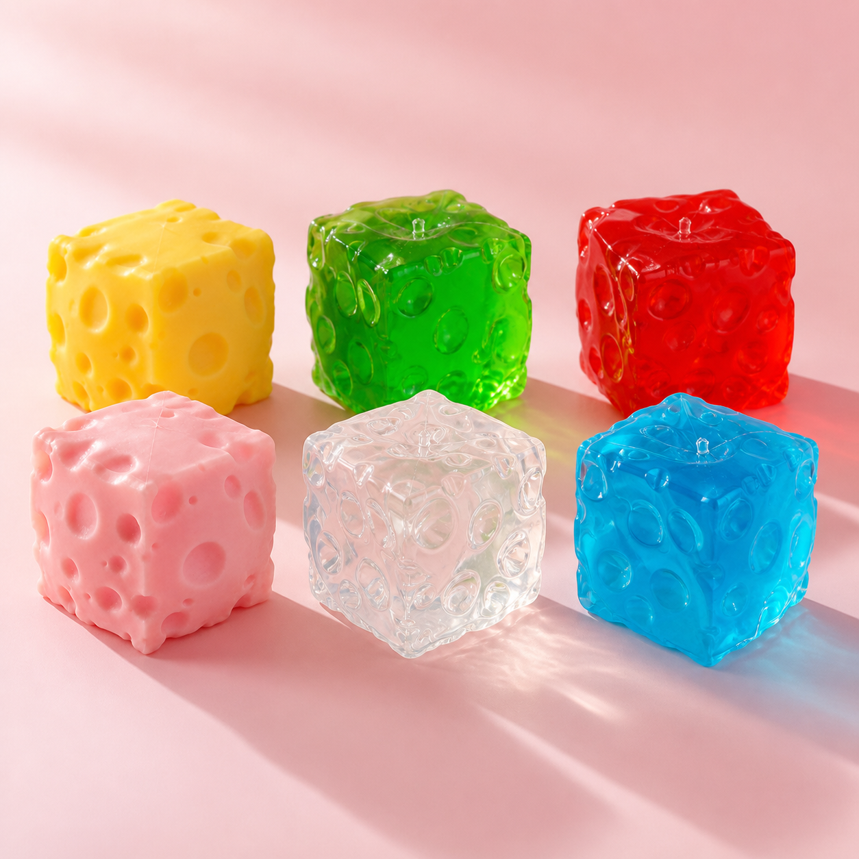 Six cheese-shaped squishy toys in yellow, pink, blue, clear, green and red on a sunlit pink surface