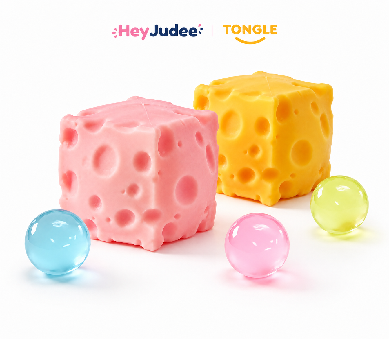 HeyJudee and Tongle pink and yellow cheese squishies with colorful translucent balls