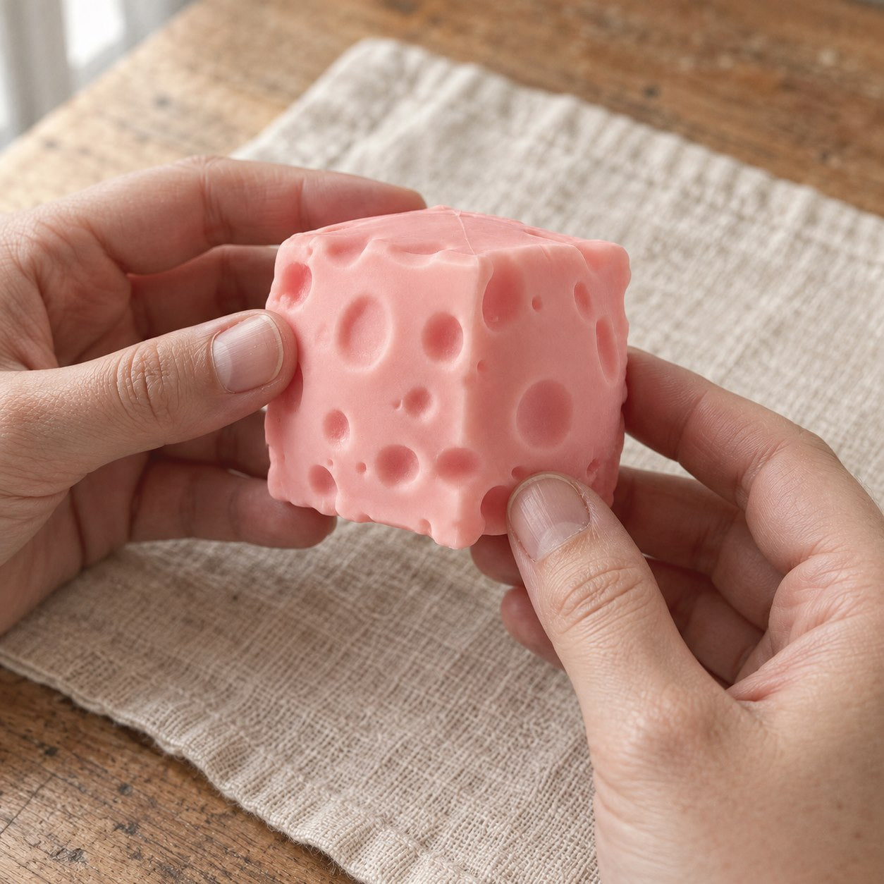 Hands gently caring for a pink cheese-shaped squishy toy