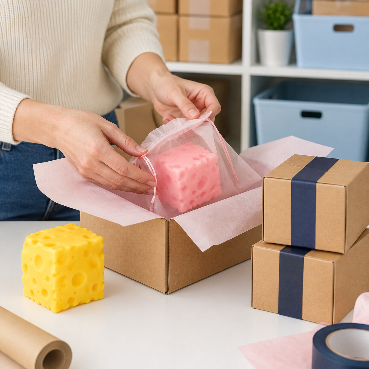 Pink and yellow cheese-shaped squishies being packed for delivery