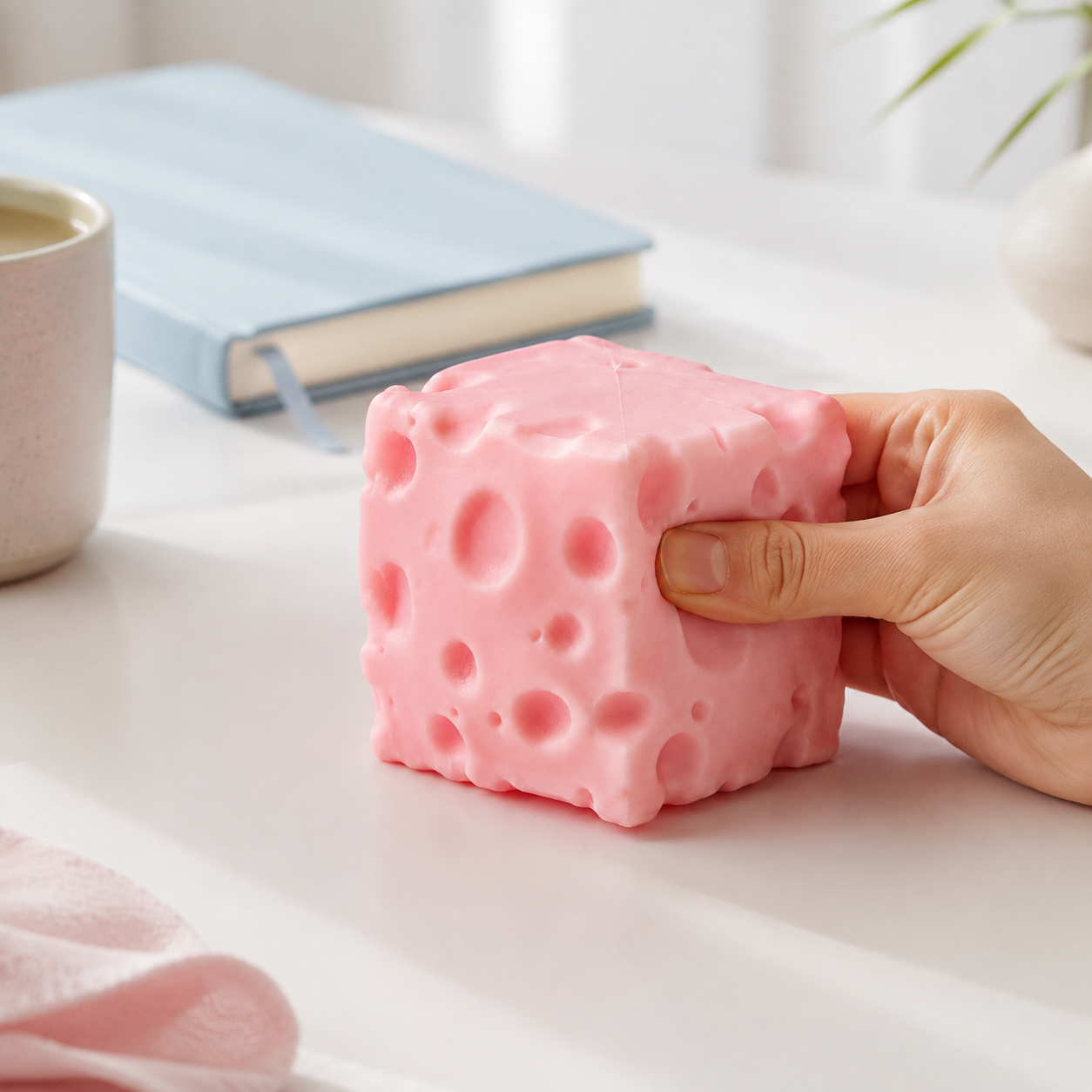 A hand gently squeezing a pink cheese-shaped squishy at a desk