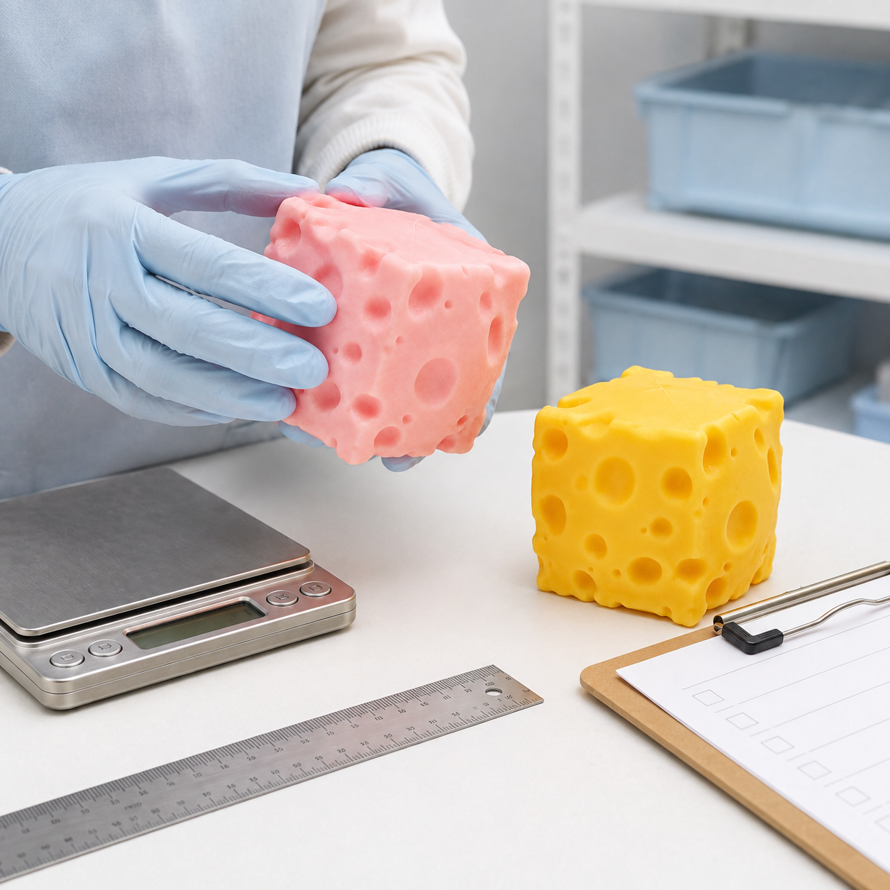A quality check of pink and yellow cheese-shaped squishies